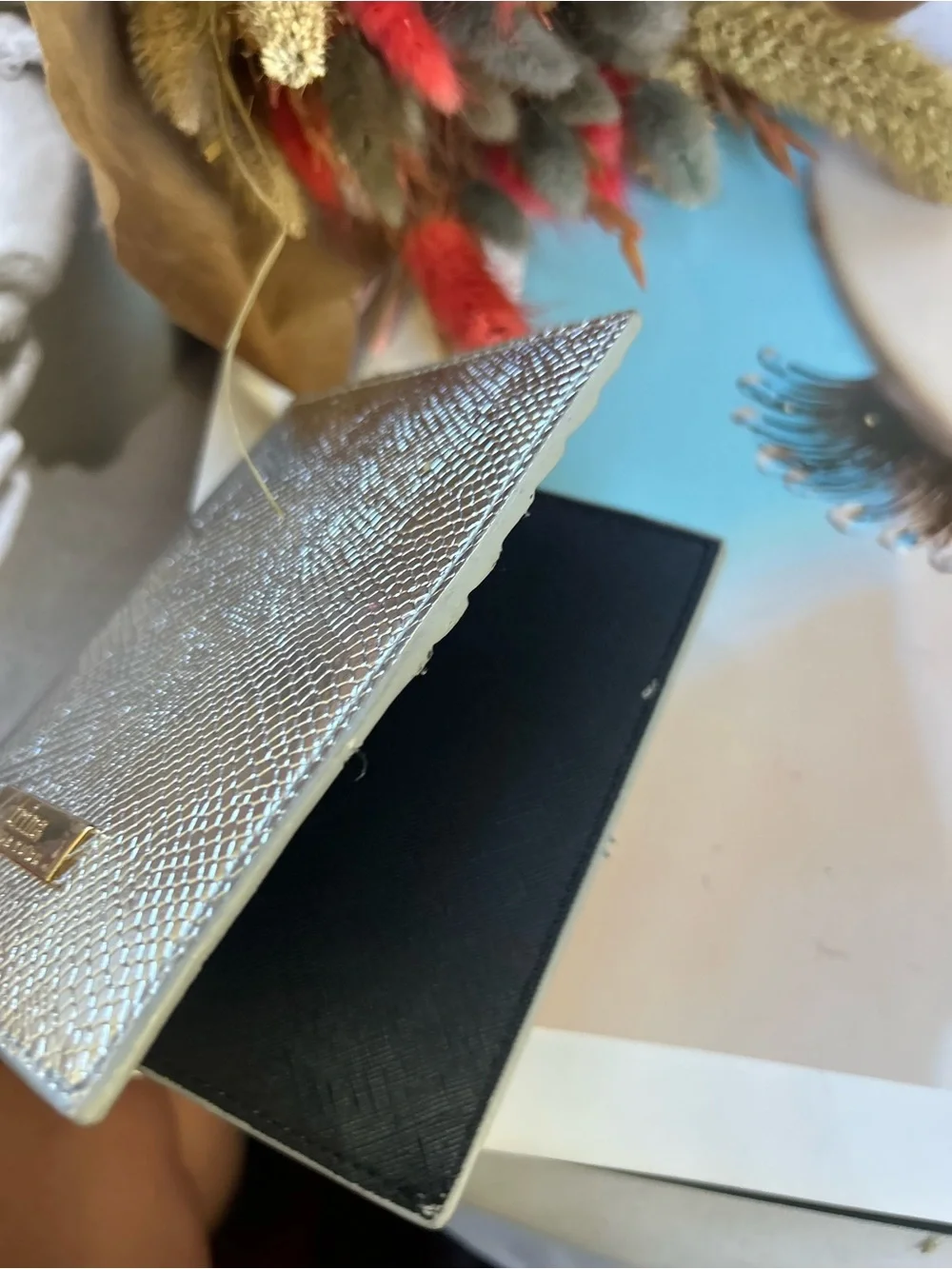 Trina Metallic Silver Textured Passport Wallet with Gold Plaque new